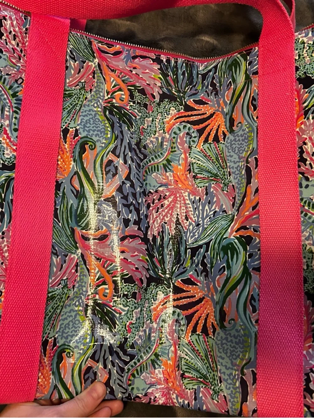 Lilly Pulitzer Multicolor Tropical Print Cooler Tote with Hot Pink Straps - Picture 2 of 5